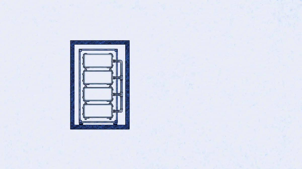 Four stacked service containers joined by short pipe runs, the assembly enclosed in a rack outline inside a heavy perimeter wall.