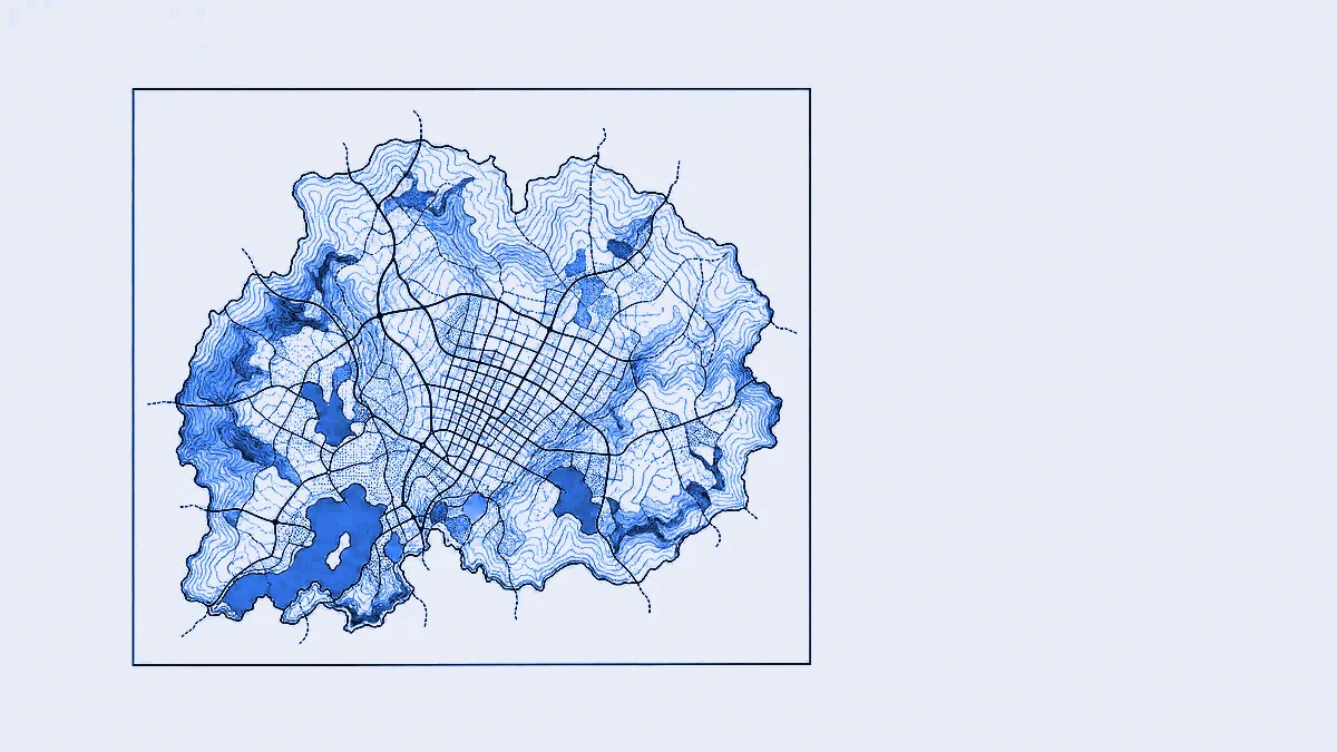 A self-contained territory of contours and roads enclosed by a rectangular boundary frame, its connection lines severed at every edge.