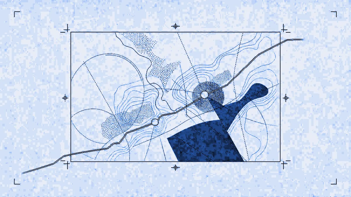 A single framed map view held in registration brackets like a photographic plate, with a route line entering the frame and continuing across it as printed geometry.