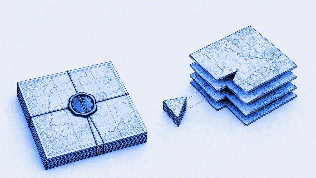 A sealed rectangular map package drawn as a stack of content layers with a wax seal and key motif, beside a smaller delta fragment aligning into a gap.