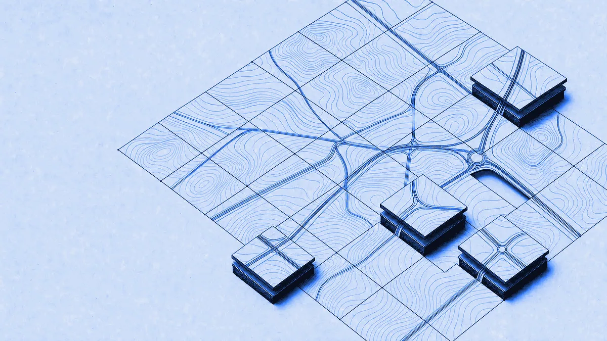 An isometric grid of square map tiles carrying road and contour fragments that continue into their neighbours, some lifted to reveal the layer stacking.