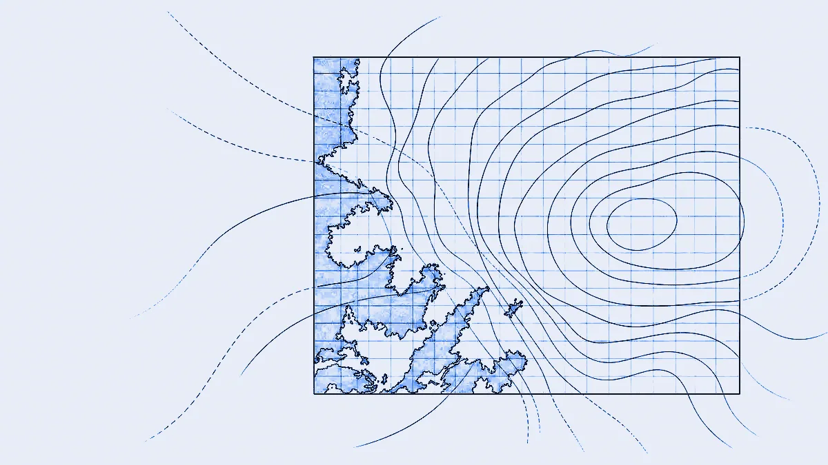 A grid of atmospheric forecast cells laid over a coastline outline, isobar curves crossing the grid, and one clean rectangular boundary marking where the data field begins and ends.