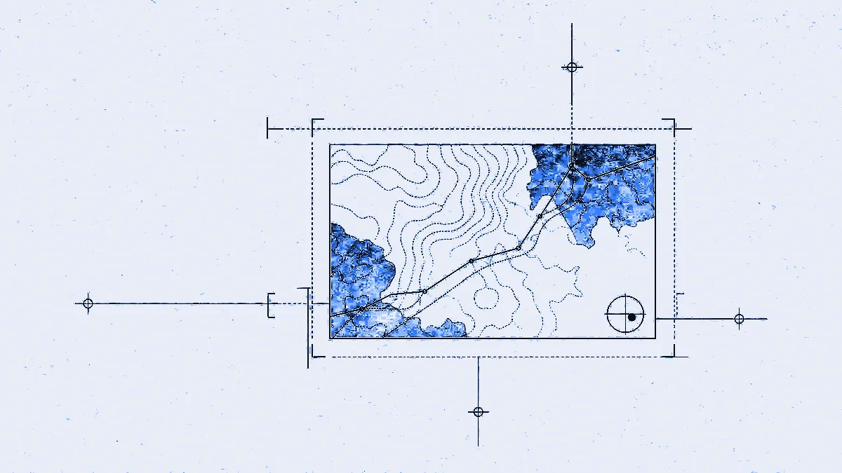 A map canvas drawn as a thin rectangular frame holding route geometry and a locator puck, surrounded by construction lines and mounting brackets.