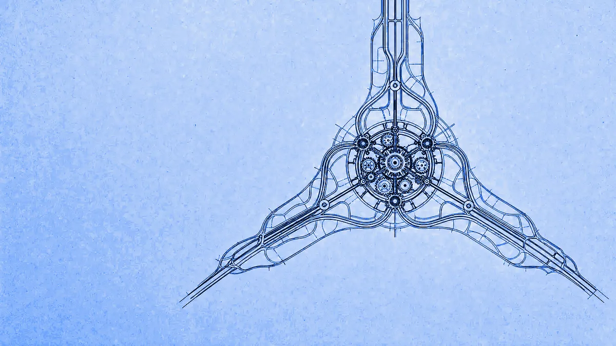 A dense core of interlocking gears and graph edges, with three identical road networks radiating outward in perfect register.