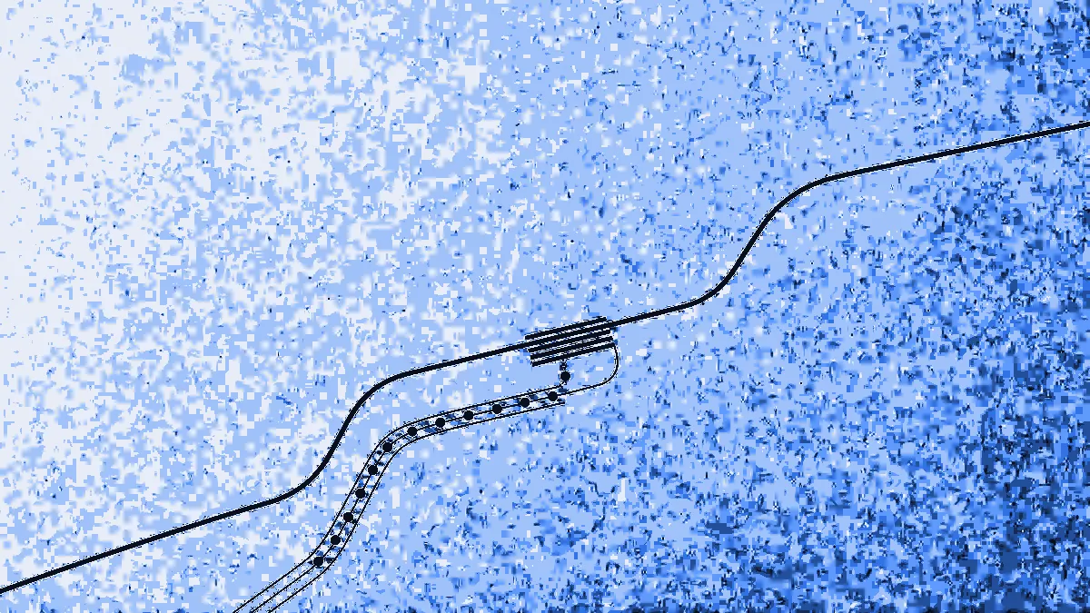 A route line passing through a gate of parallel ledger bars, small filled circles queued along a counter-running payment channel beneath it.