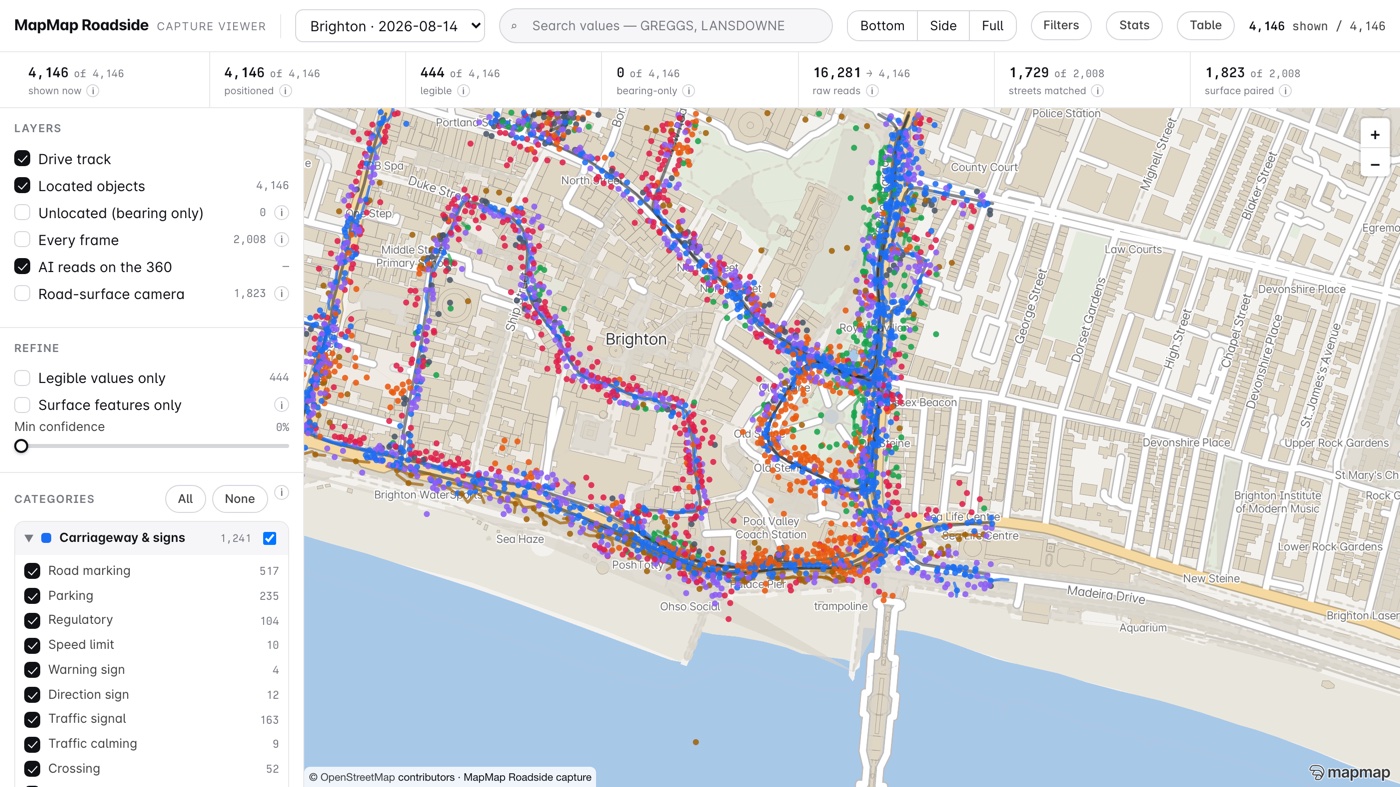 The MapMap Roadside capture viewer on the Brighton pass: the layers panel counting 4,146 located objects, 2,008 captured frames and 1,823 road-surface pairings, beside the map where every finding is drawn as a coloured category dot along central Brighton streets · © OpenStreetMap contributors © OpenMapTiles