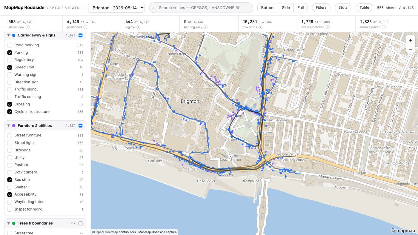 The MapMap Roadside capture viewer filtered to the kerbside classes on the Brighton pass, 553 of 4,146 findings shown, with parking, speed limit, crossing and cycle infrastructure ticked in the carriageway and signs group and their per-class counts beside them · © OpenStreetMap contributors © OpenMapTiles