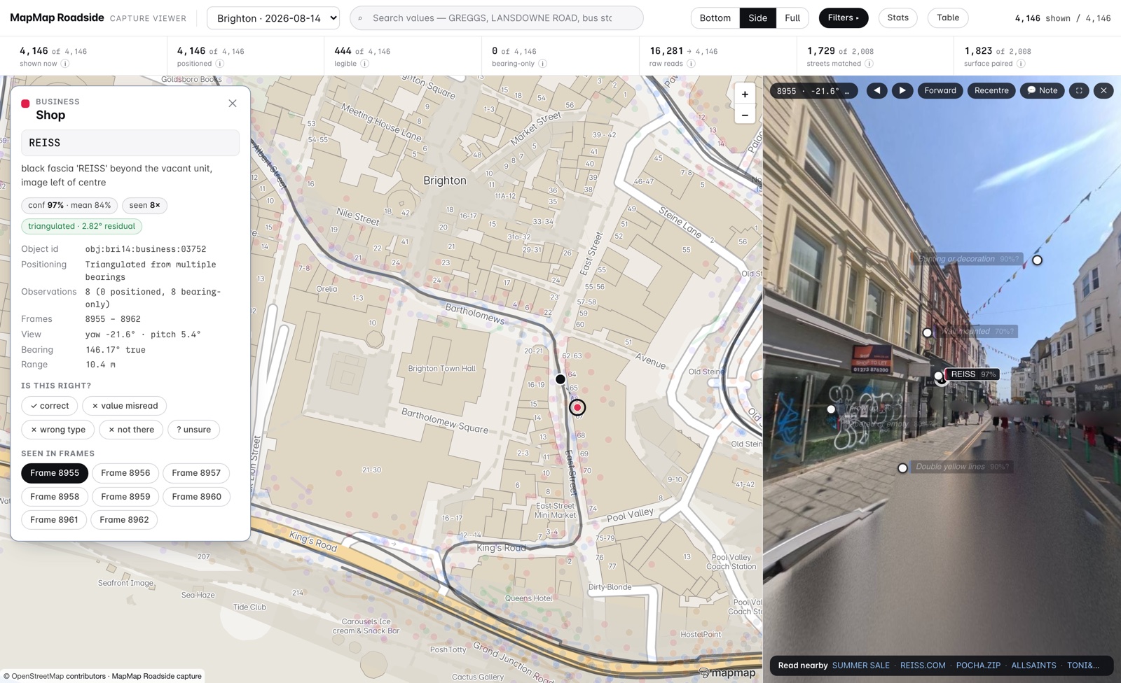 The MapMap Roadside capture viewer on the Brighton pass: the map beside the 360 frame a shopfront record was read from, with reading chips naming the REISS fascia at 97 per cent, bunting, a wall mounted sign and double yellow lines · © OpenStreetMap contributors © OpenMapTiles