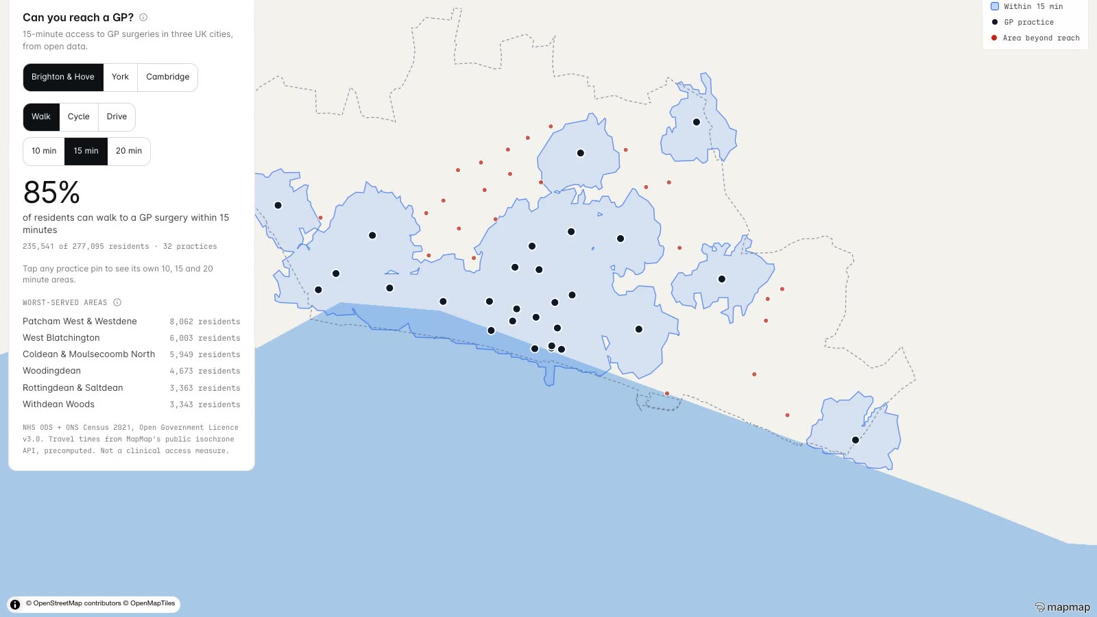 The MapMap access explorer for Brighton & Hove: walking isochrones around GP practice sites with a residents-within-reach headline