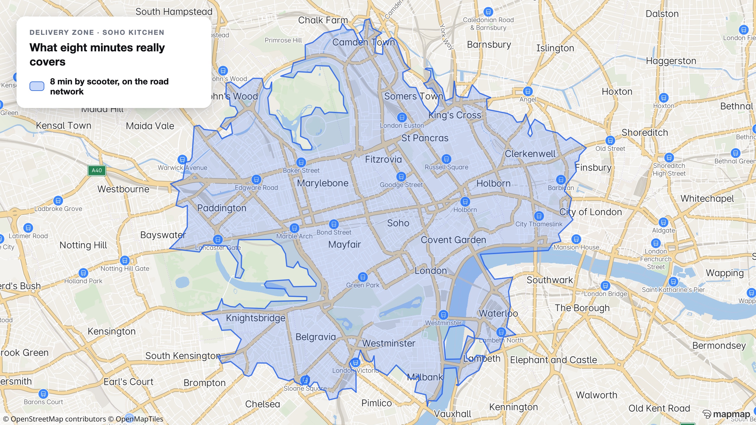 A real eight-minute scooter reachability polygon over central London from a Soho kitchen, shaded blue over the MapMap map