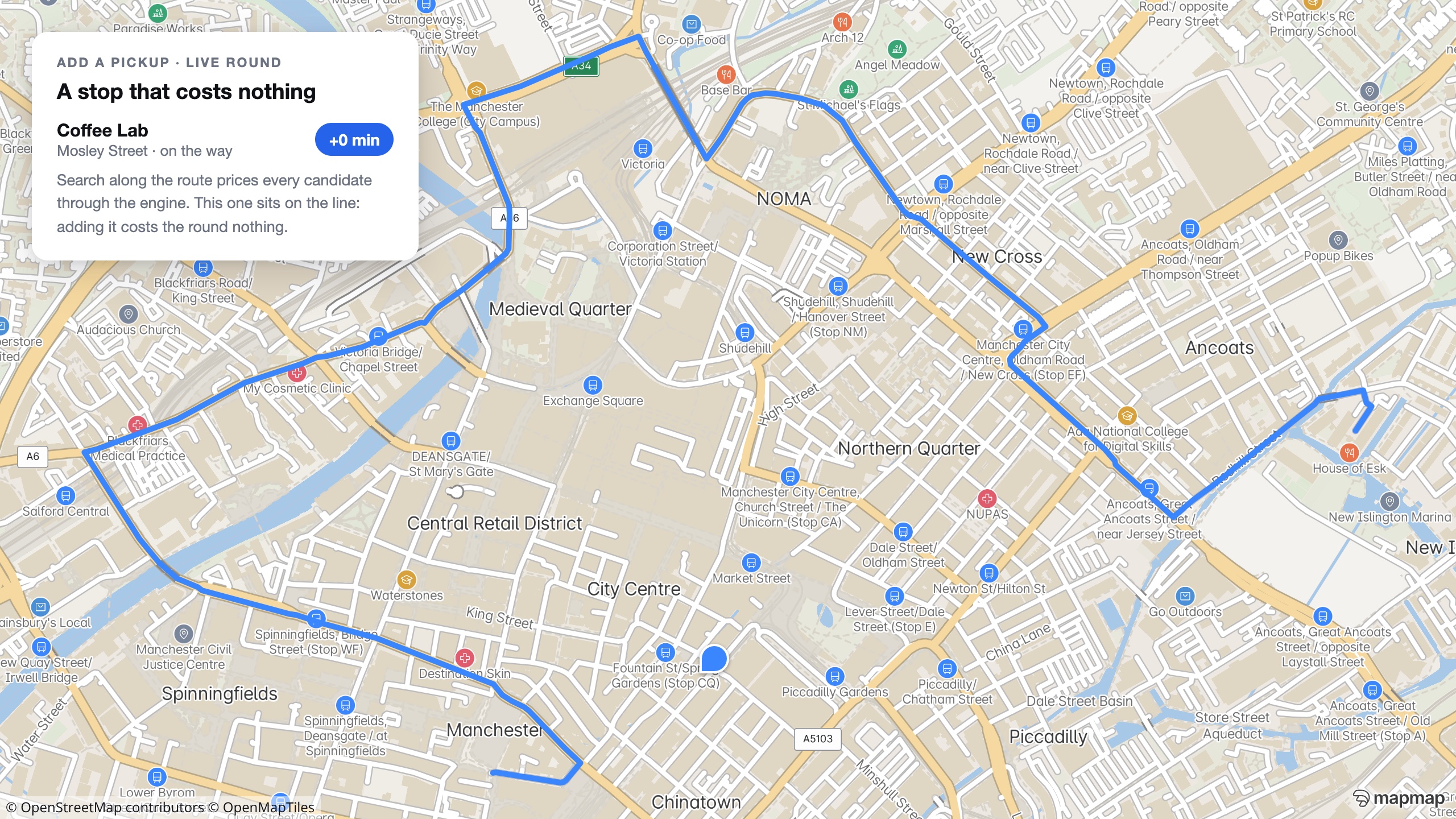 A Manchester delivery leg with a cafe marked directly on the route and a card showing its real detour cost: zero minutes