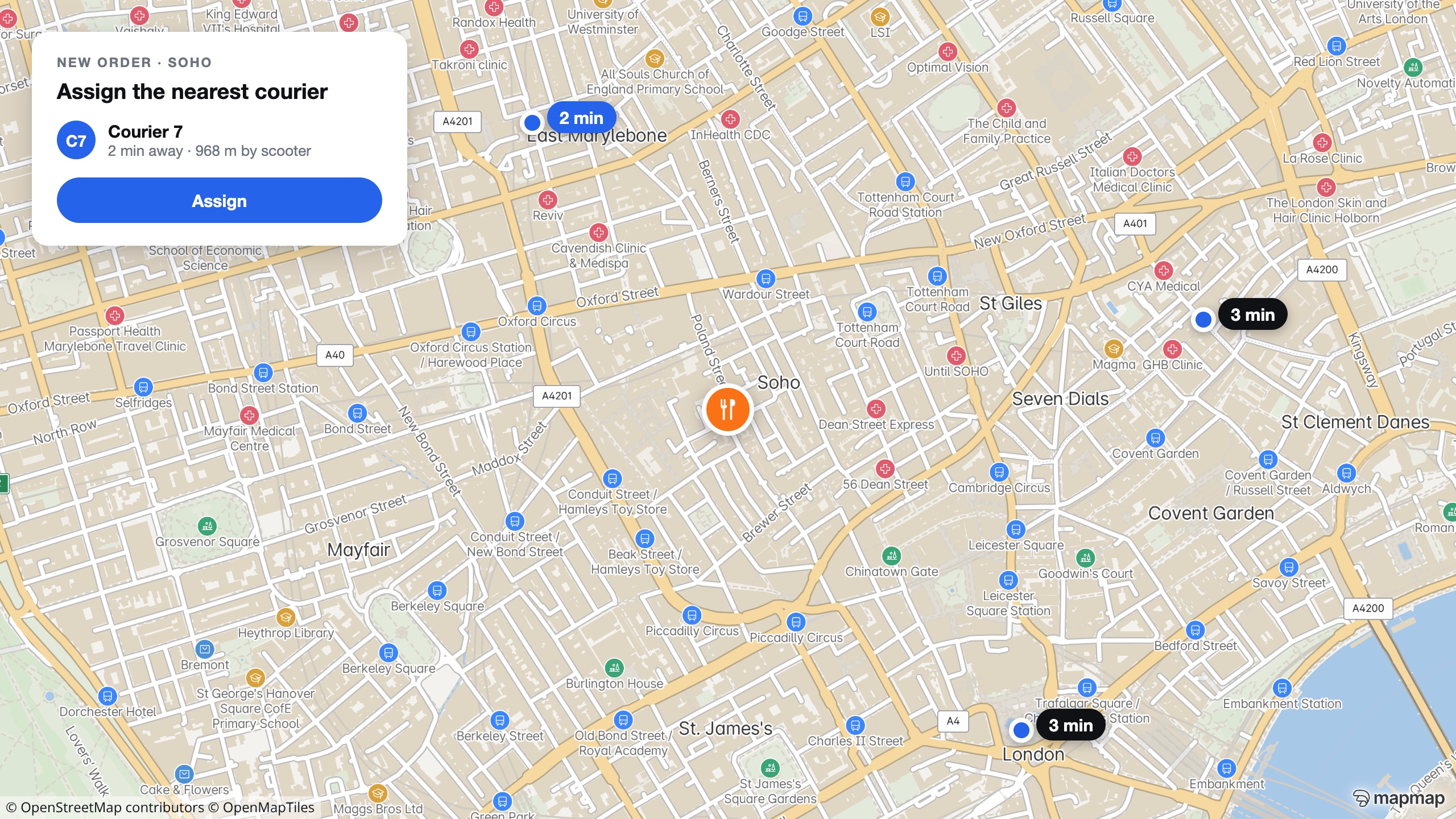 A dispatch view over a real MapMap map of Soho: three courier positions with engine-computed ETAs of 2 and 3 minutes, and a card assigning the nearest to a new order