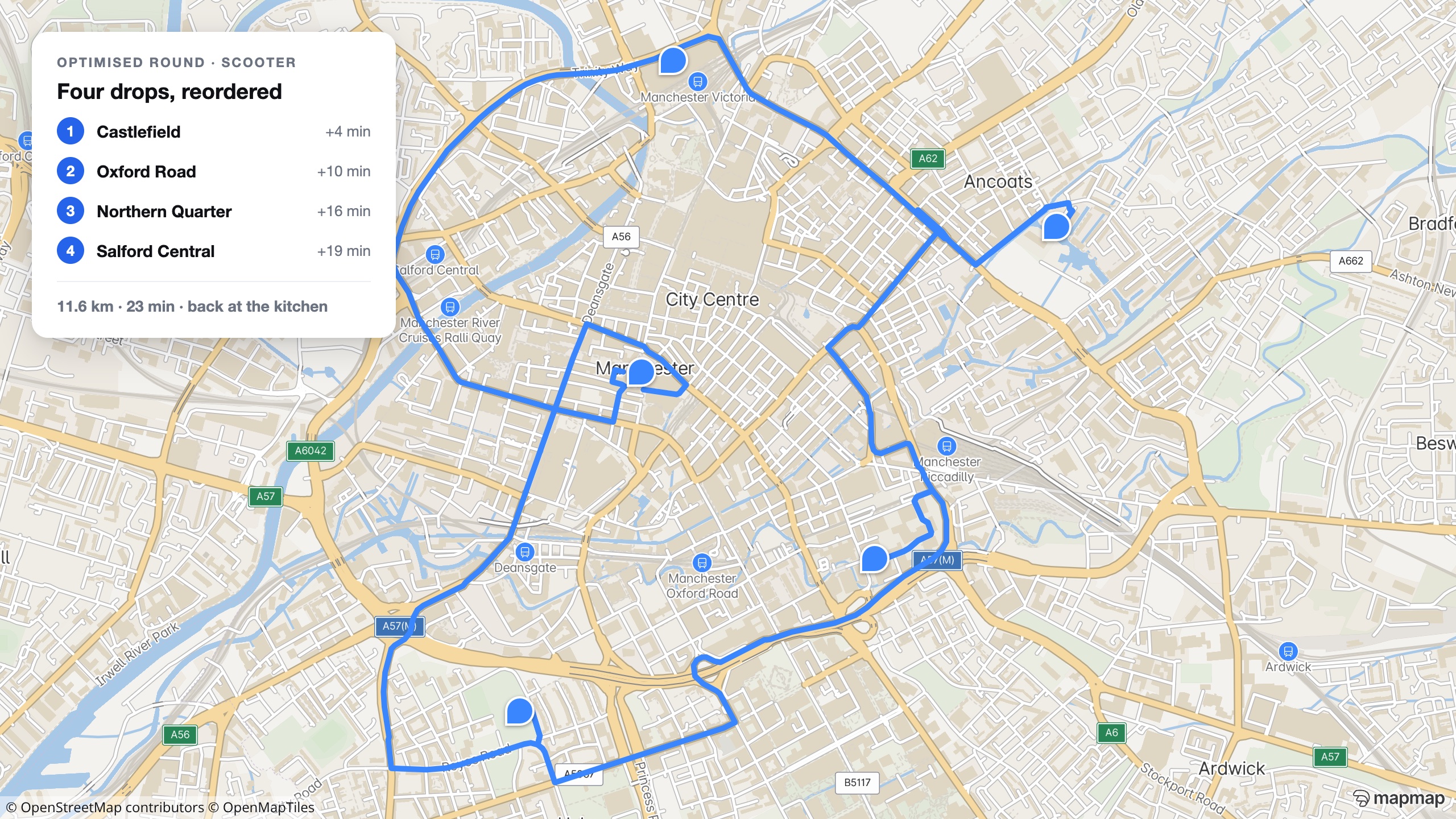 A real optimised scooter round through central Manchester with four numbered drops and cumulative times
