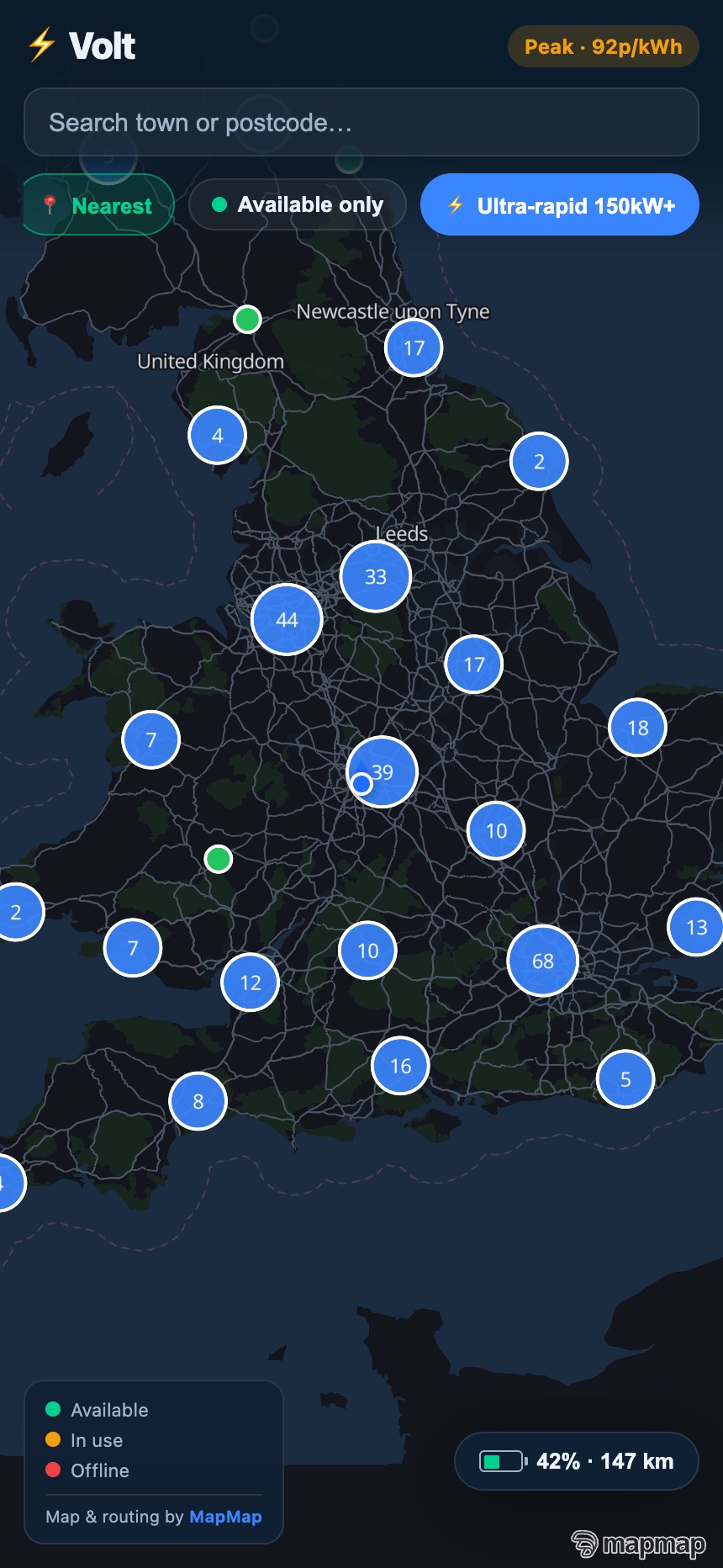 The 909-site EV charging app filtered to ultra-rapid 150 kW chargers, clustered on a dark UK map