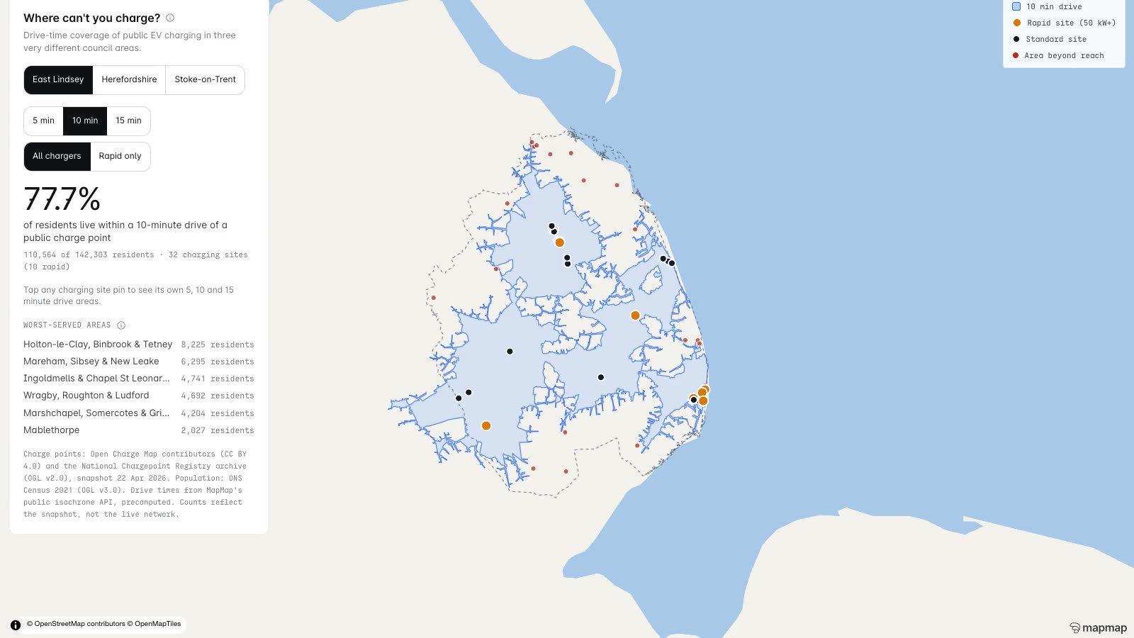 The MapMap EV-gap tool for East Lindsey: drive-time coverage polygons, a 77.7% residents-covered headline and worst-served areas listed