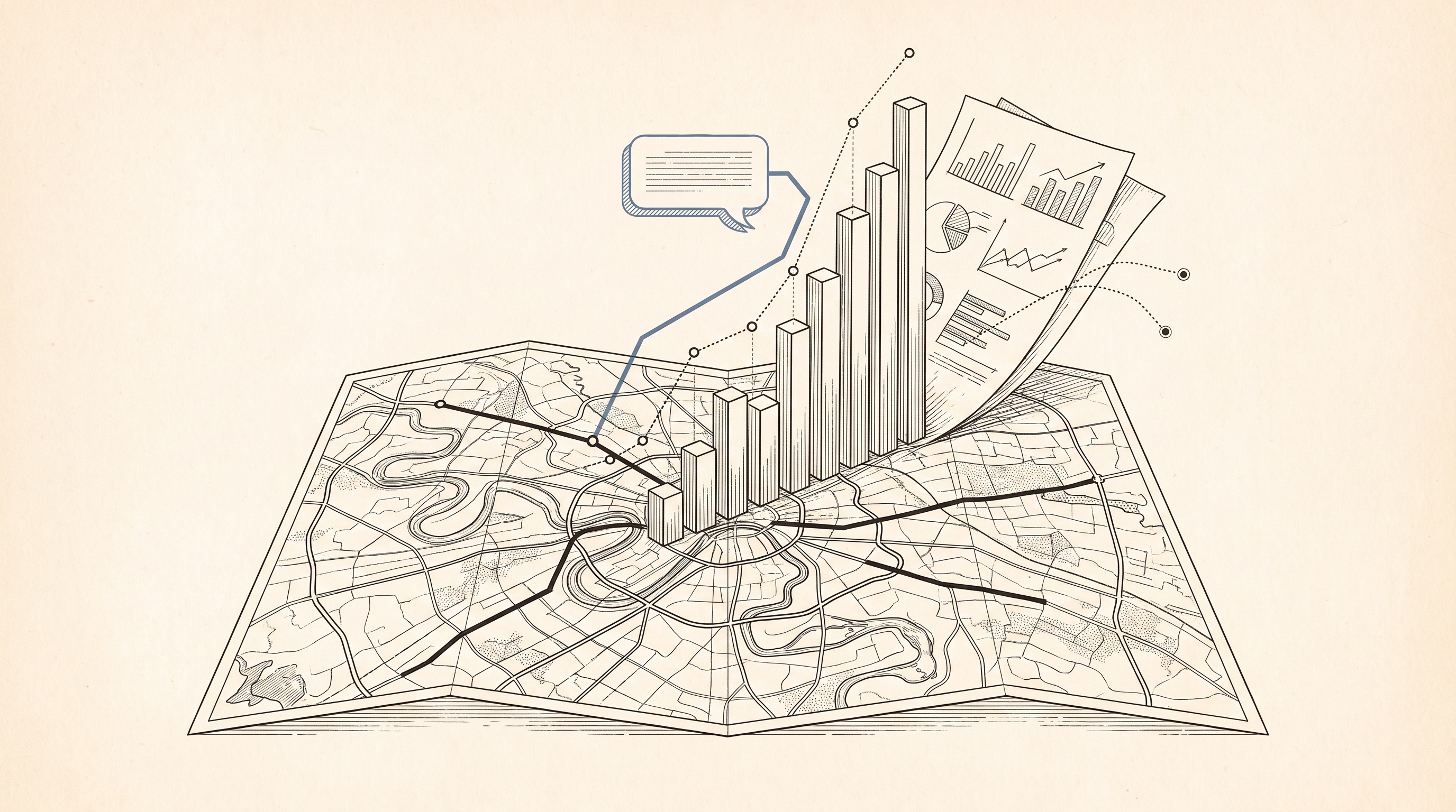 Ink illustration of charts growing out of an unfolded map with connecting data lines and a chat bubble