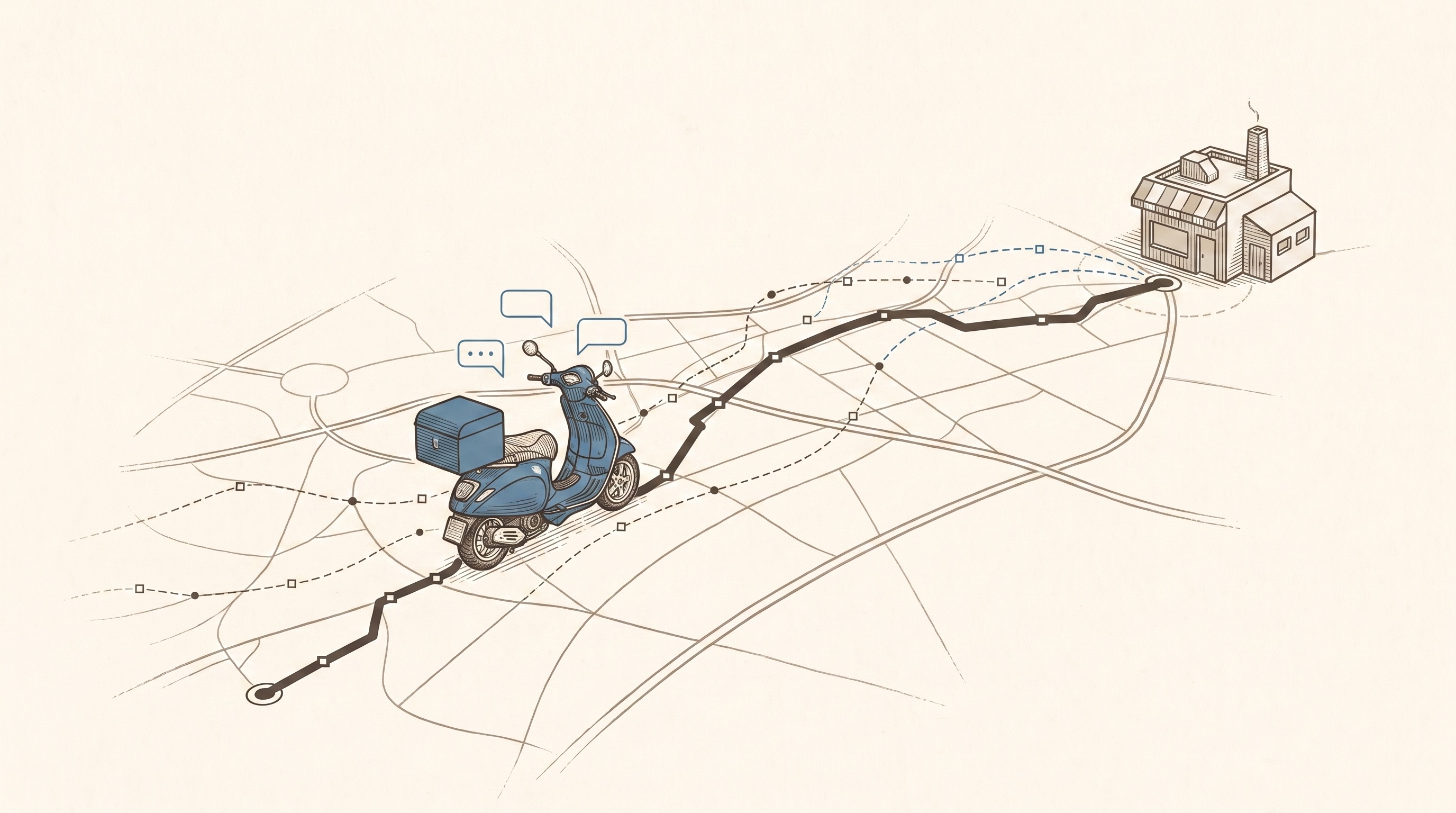 Ink illustration of a delivery scooter on a route line with chat bubbles and dispatch lines running to a distant kitchen