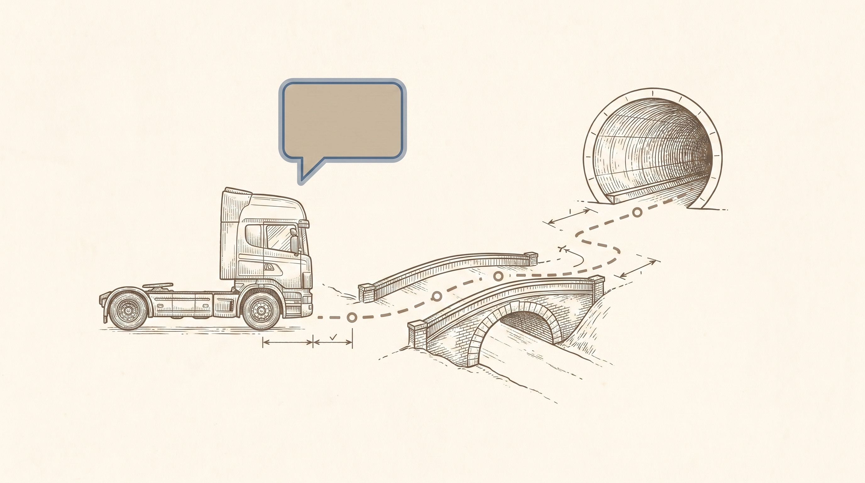 Ink illustration of a lorry cab with a chat bubble, its route threading between a low bridge and a tunnel