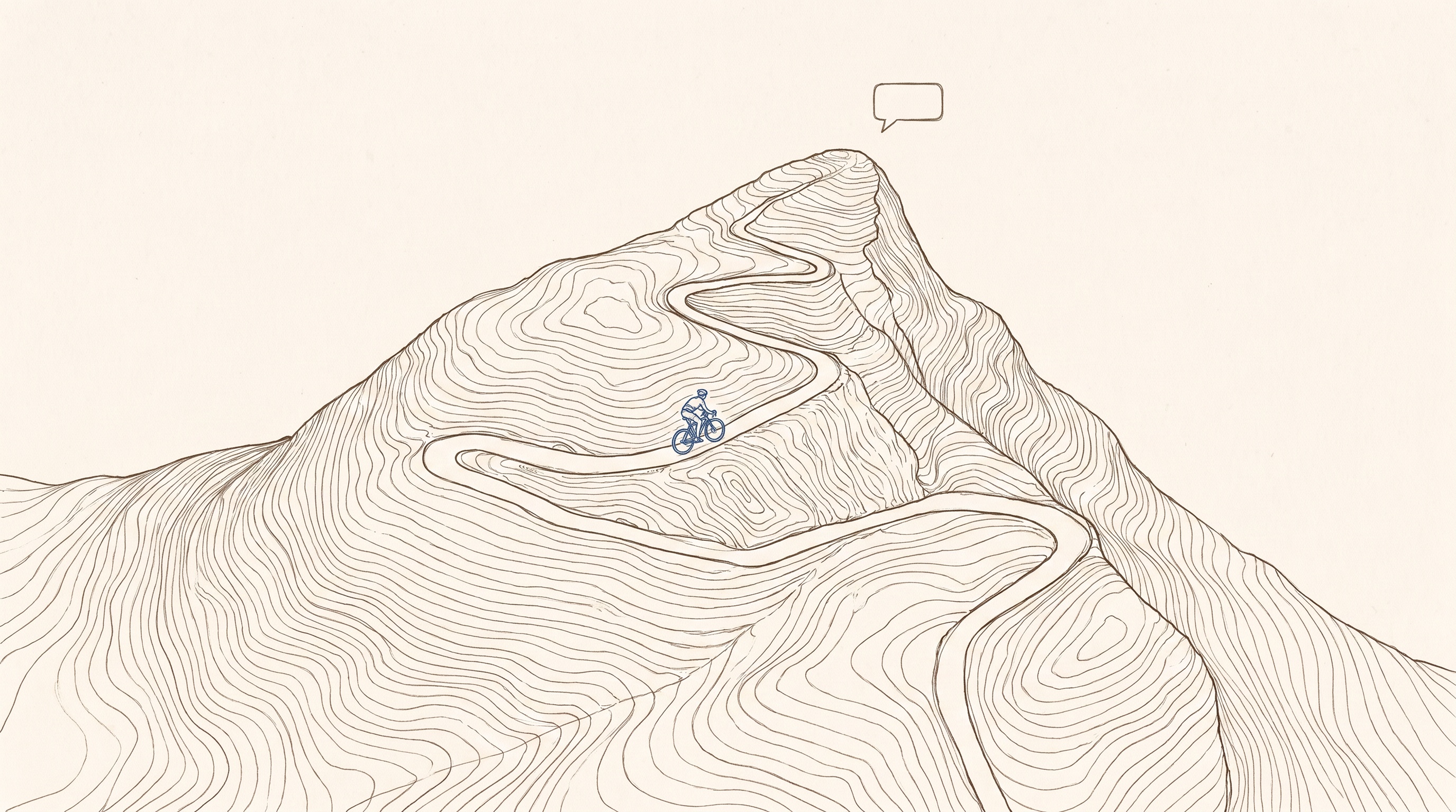 Ink illustration of a mountain trail with contour lines, a cyclist climbing and a chat bubble above the summit