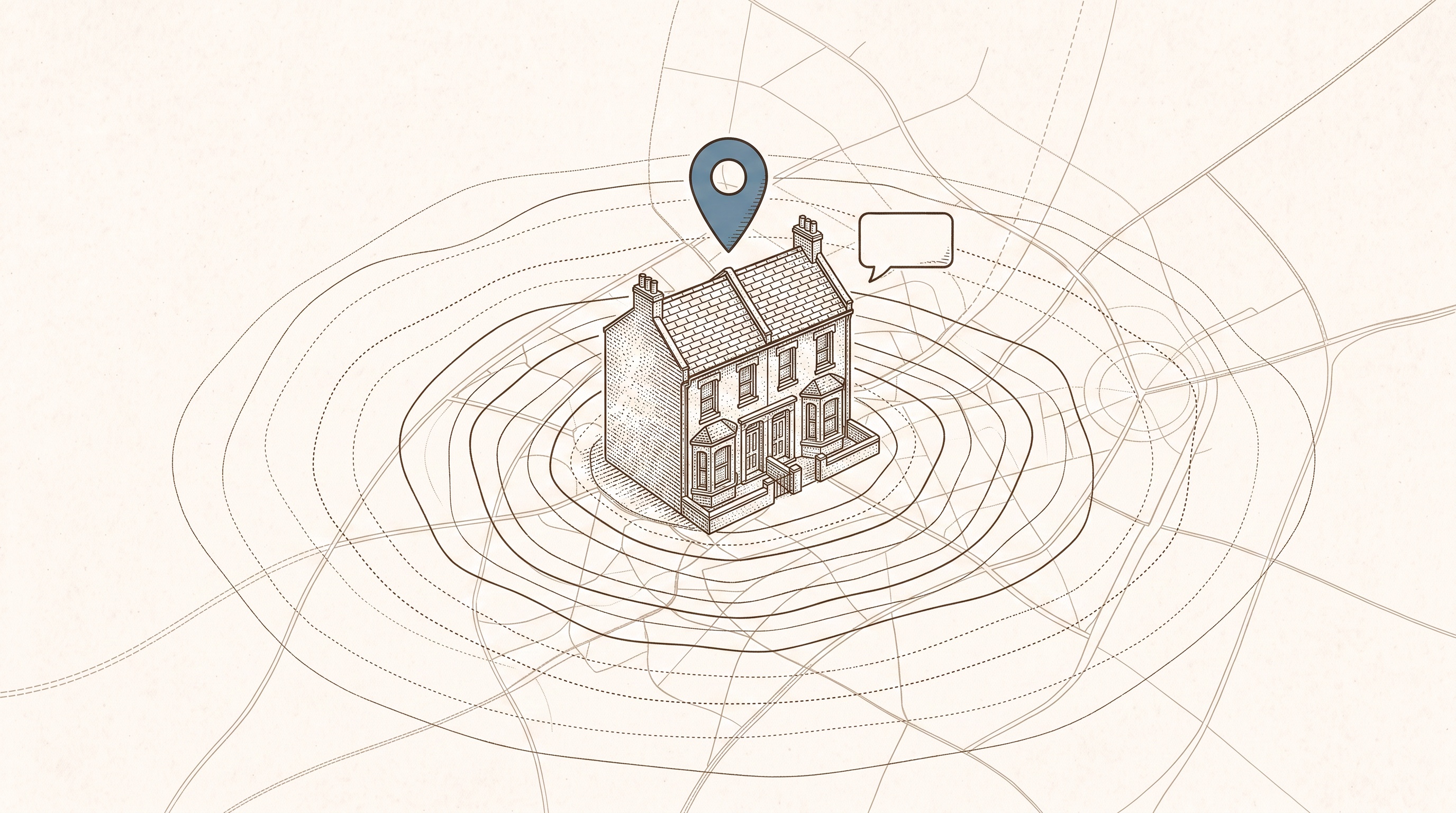 Ink illustration of a terraced house with travel-time contour rings radiating outward and a chat bubble