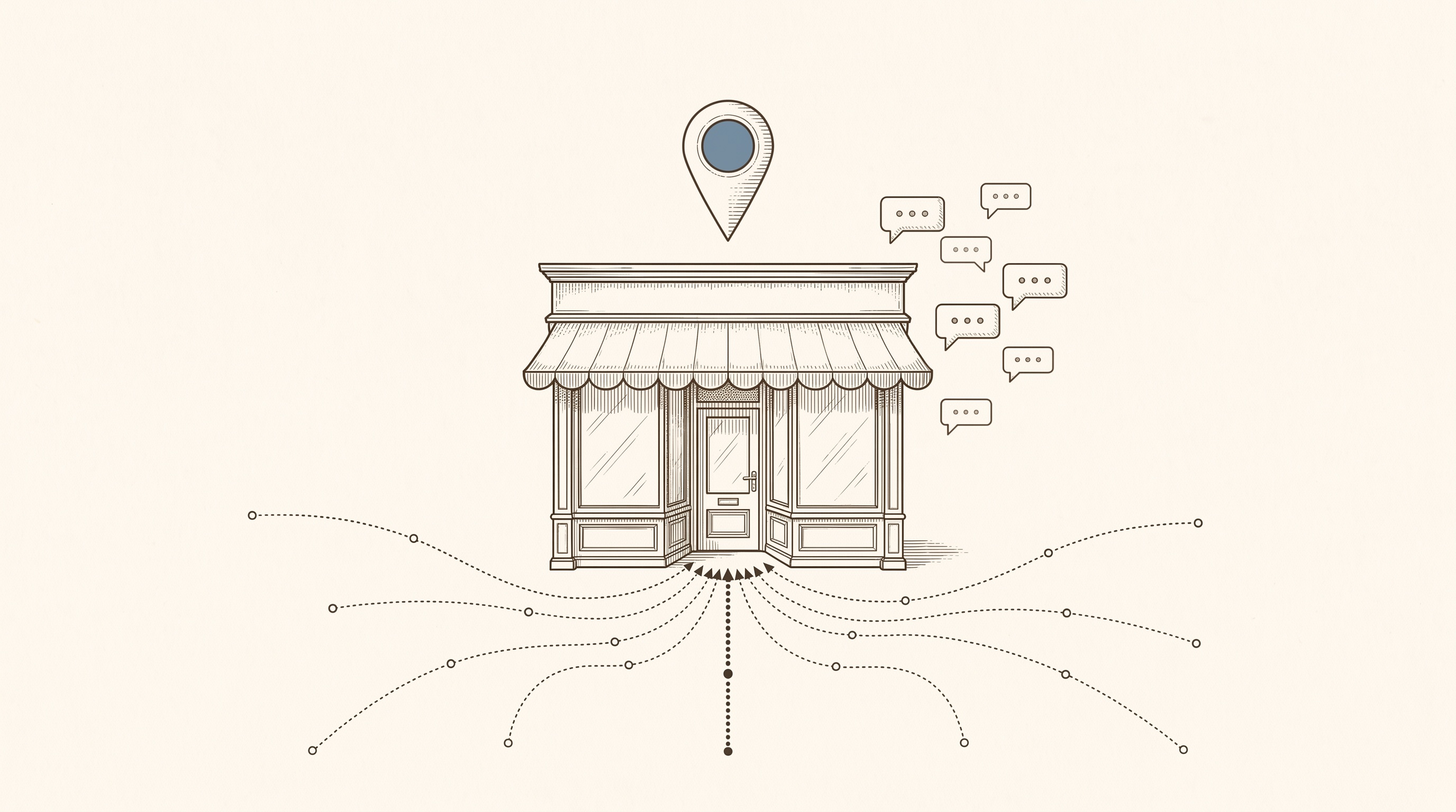 Ink illustration of a high-street shopfront with a map pin above it and chat bubbles beside