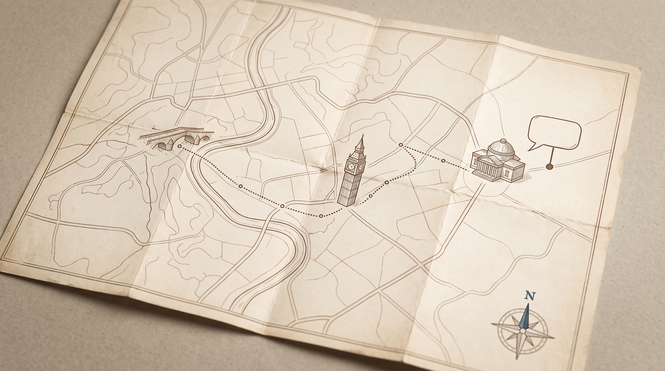 Ink illustration of a folded map with a dotted itinerary hopping between small landmarks, a compass rose and a chat bubble