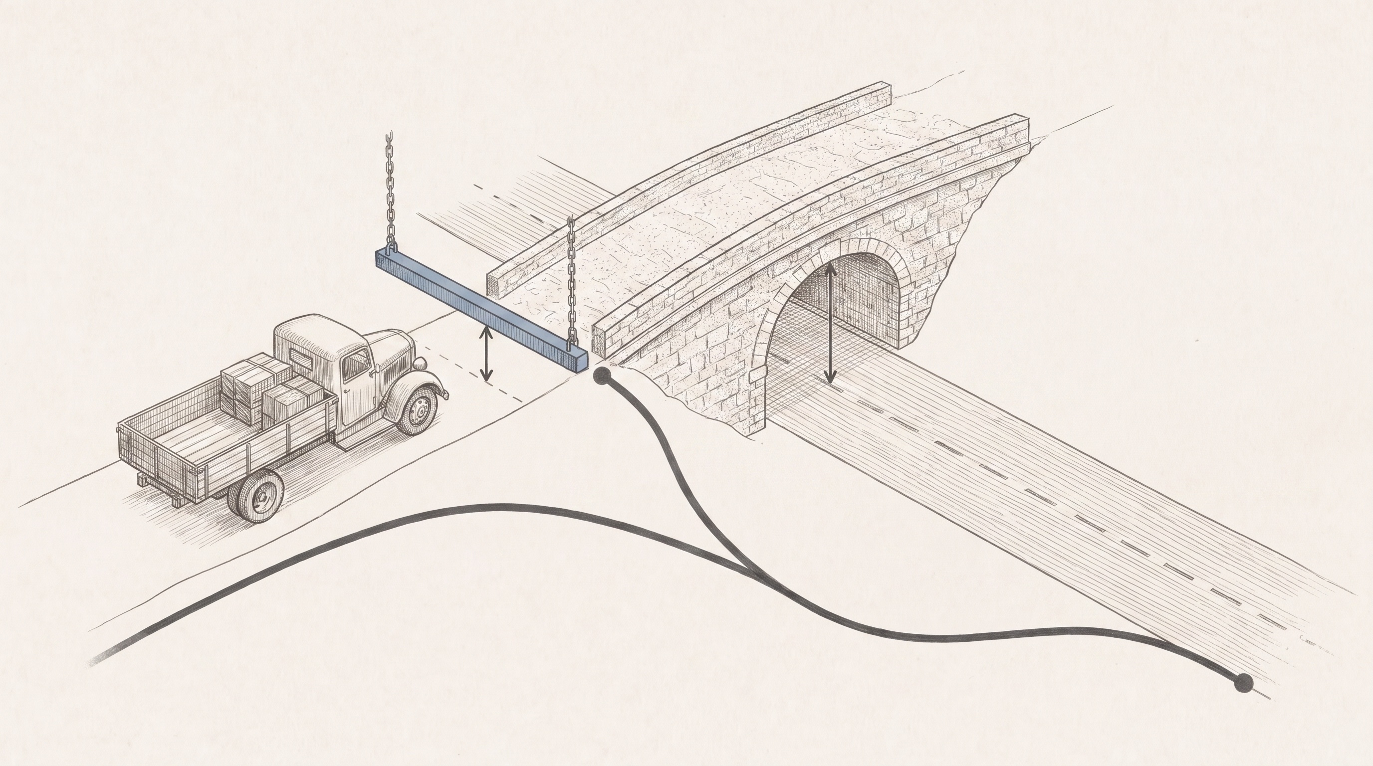 Ink illustration of a truck before a stone arch with a height gauge bar and measurement arrows, the route curving to a clear road