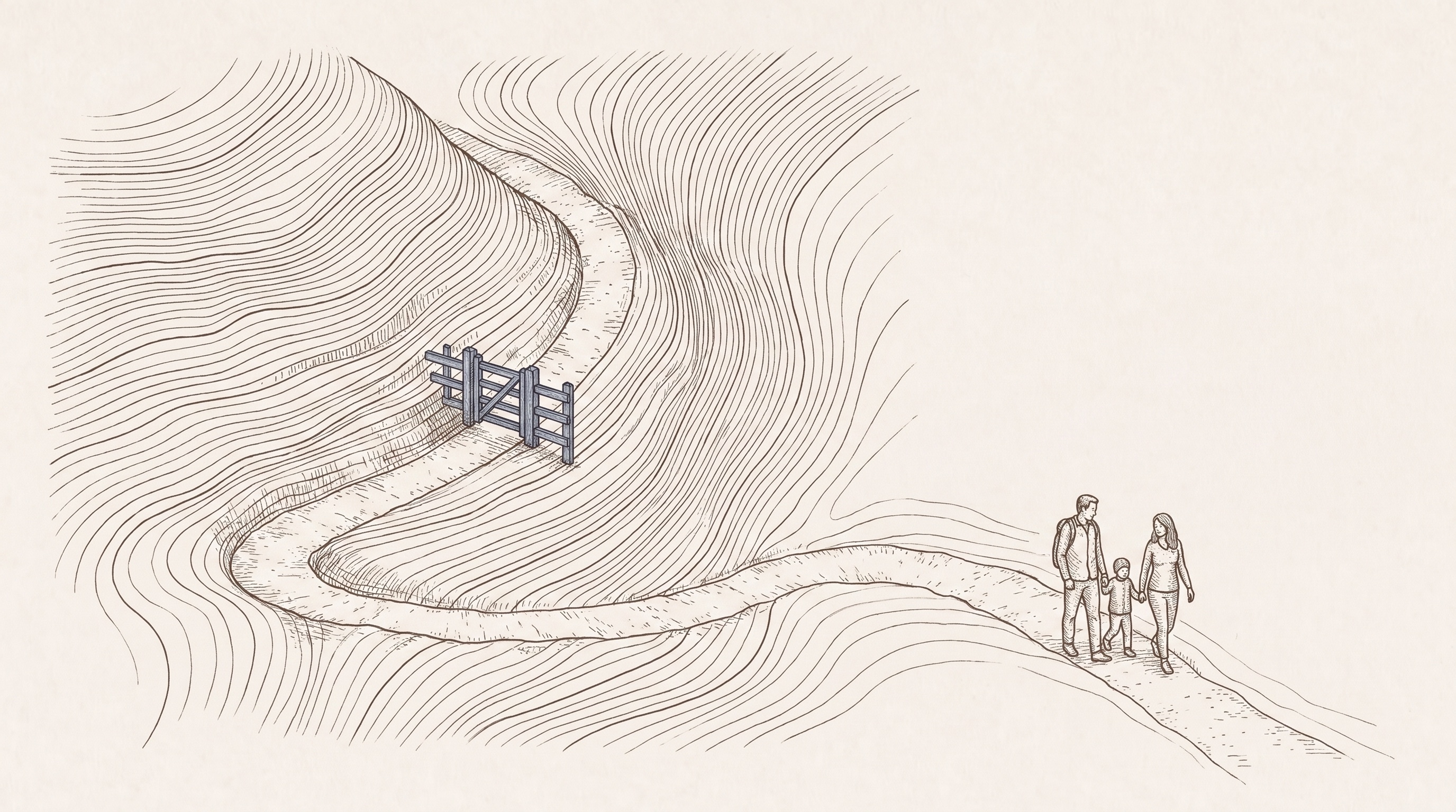 Ink illustration of a mountain path winding through contour lines with a gate across the steepest section and walkers on the gentle lower path