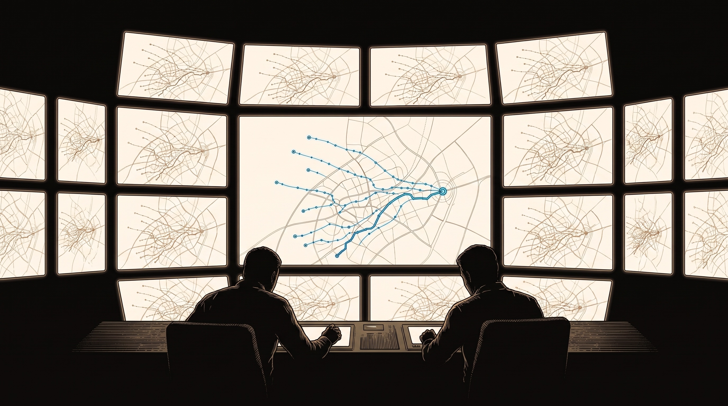 Ink illustration of a darkened control room, two operator silhouettes before a wall of glowing map screens