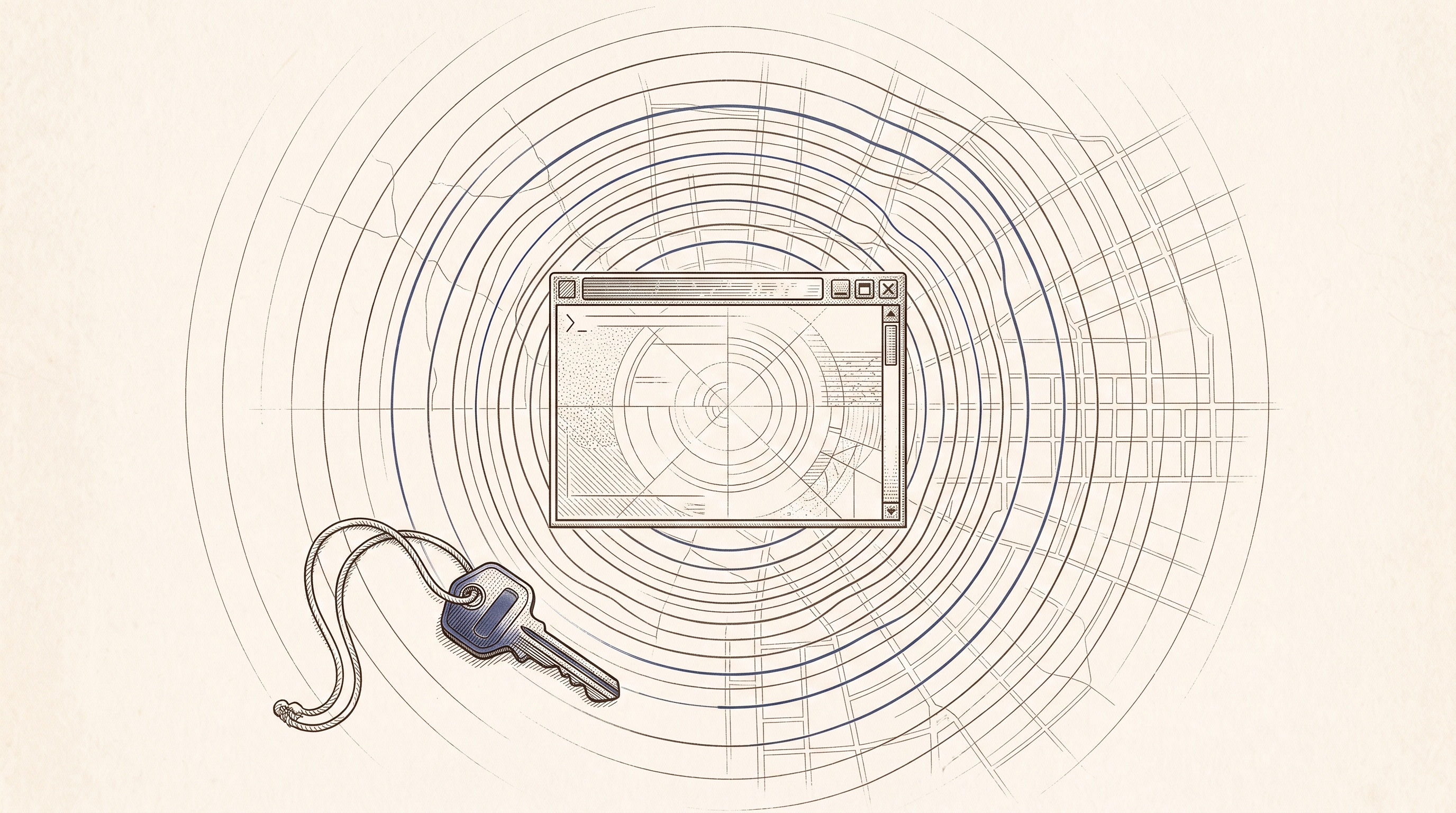 Ink illustration of a terminal window with a key on a lanyard beside it and isochrone rings spreading across a faint street grid