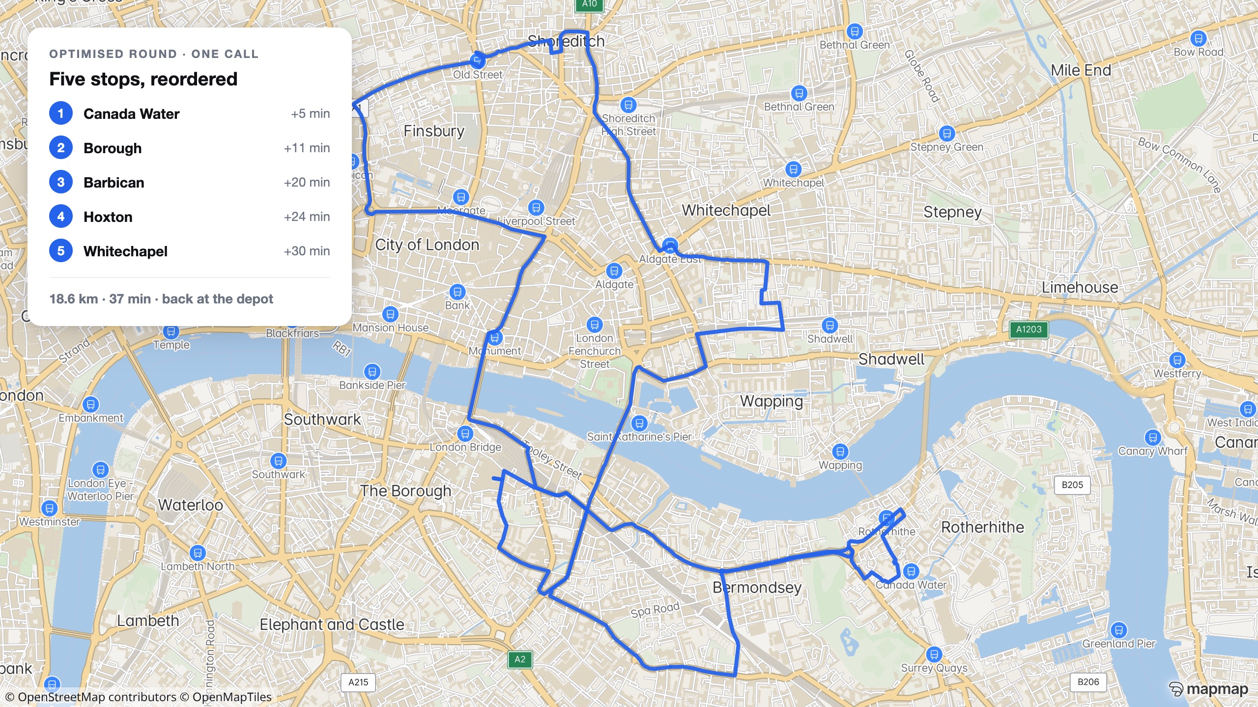 A real optimised five-stop delivery round across London on the MapMap map, with a card listing the solver's visit order and cumulative times