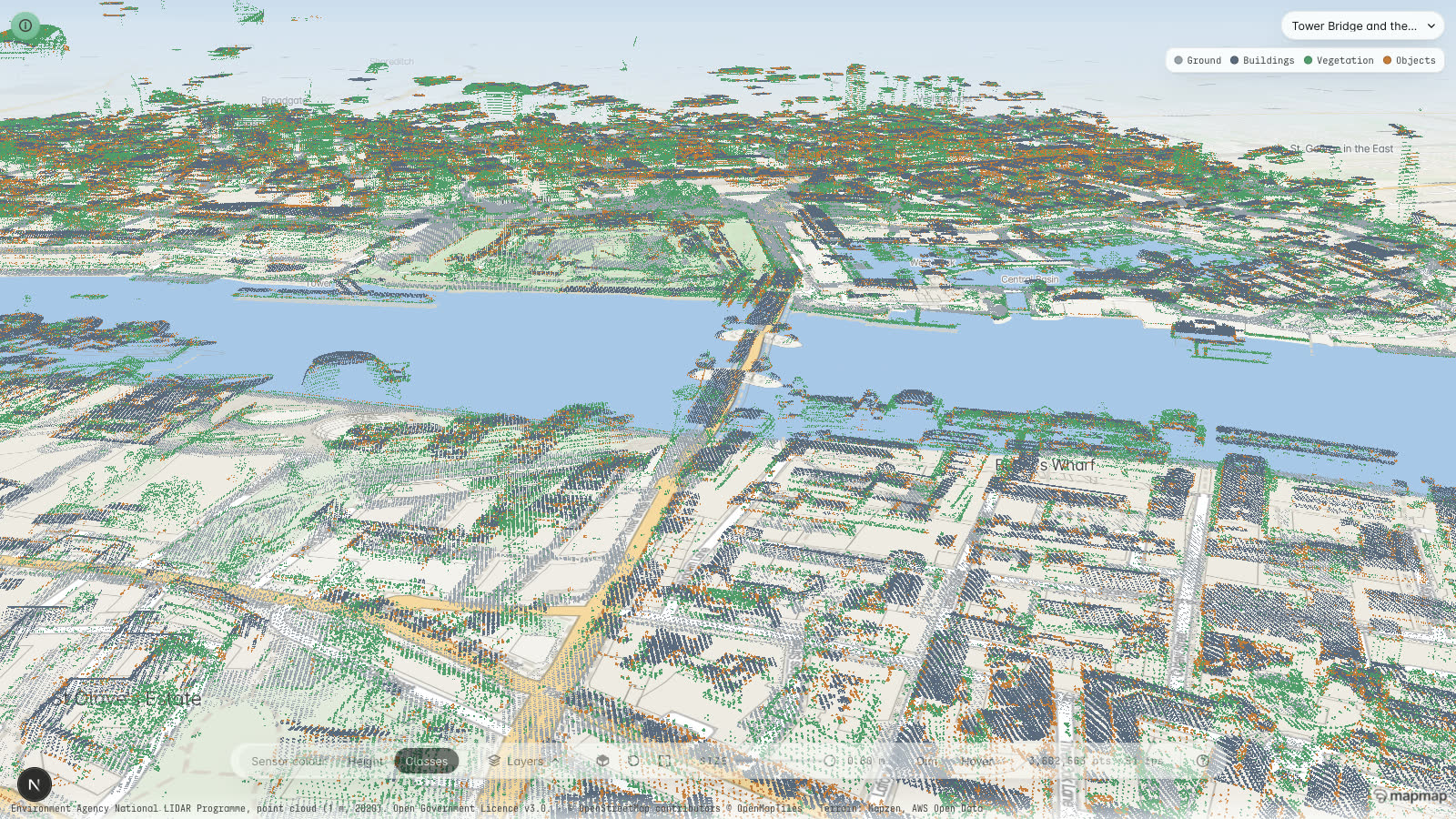 The MapMap lidar viewer over the Pool of London with the cloud coloured by class rather than height: ground pale grey, buildings slate, vegetation green and objects orange, with a Point classes key naming the four in the top-right corner
