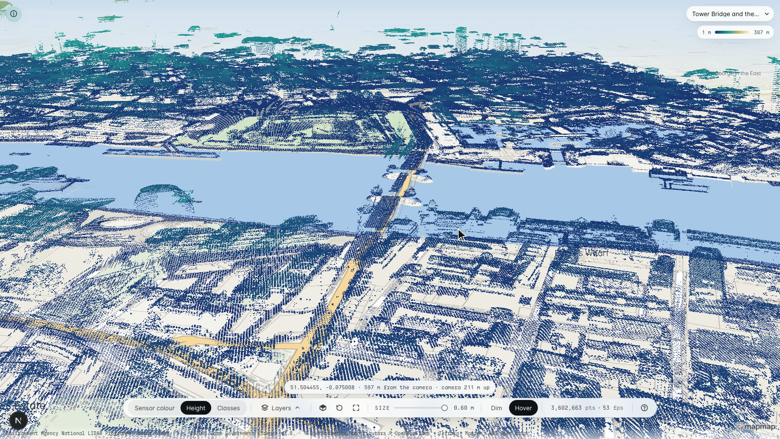 The MapMap lidar viewer over the Pool of London in height colouring, with the pointer on the cloud and a readout beneath it giving the ground position at 51.504455, -0.075008, a range of 597 metres from the camera and a camera altitude of 211 metres, beside a height key running from 1 to 307 metres