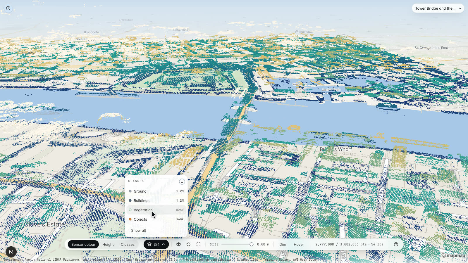 The MapMap lidar viewer over the Pool of London with the Layers panel open: rows for Ground, Buildings, Vegetation and Objects with their point counts, Vegetation switched off and shown as a hollow swatch, and the control bar reading 2,777,908 of the scene's 3,602,663 points drawn