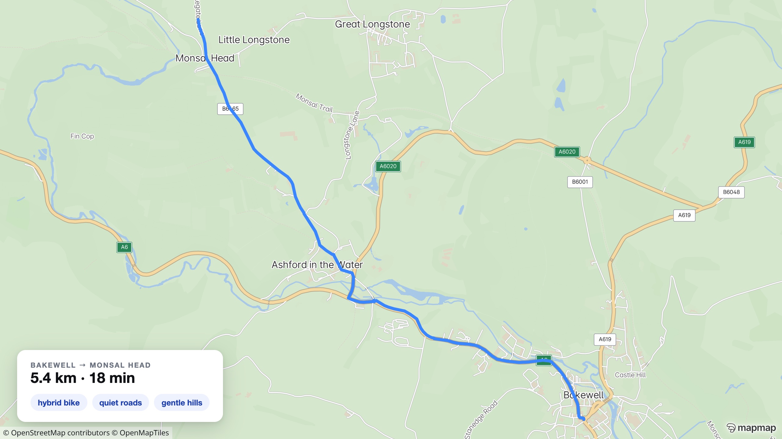 A real MapMap cycling route from Bakewell to Monsal Head in the Peak District, with a stat card reading 5.4 km, 18 min and chips for hybrid bike, quiet roads and gentle hills