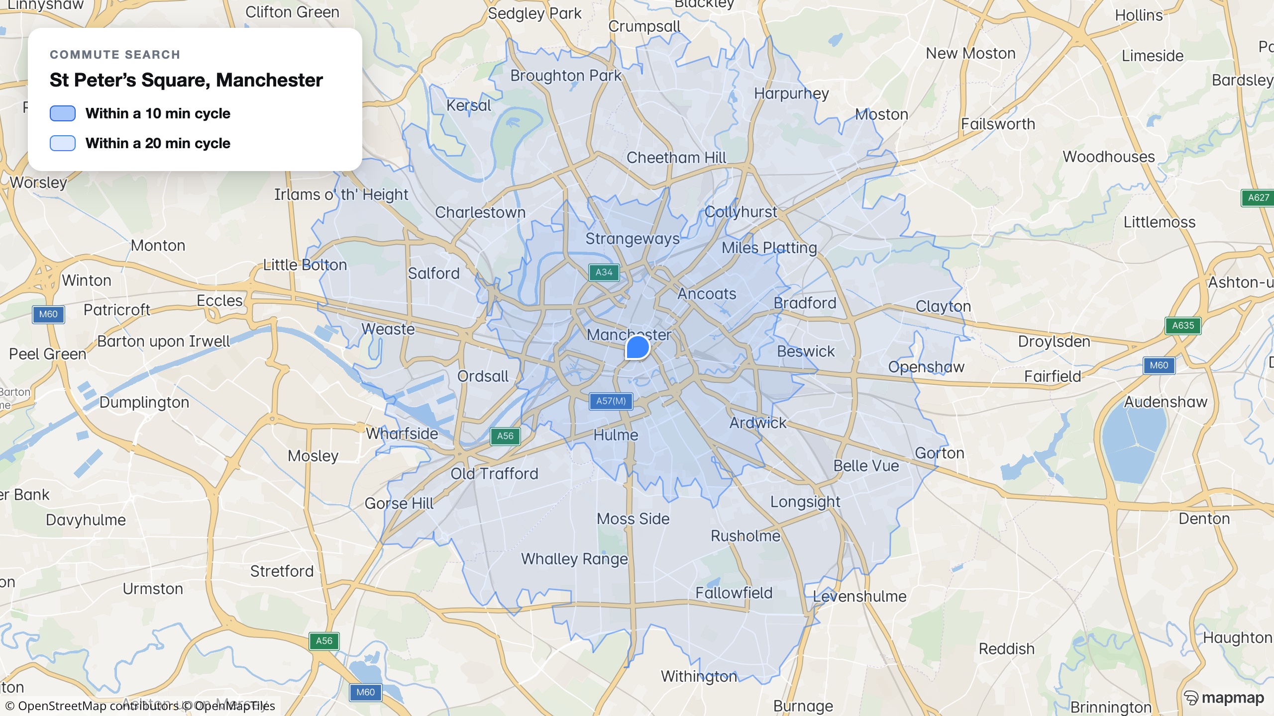 A commute-search card over a real MapMap map of Manchester, with genuine 10 and 20 minute cycling isochrones shaded in blue around St Peter's Square