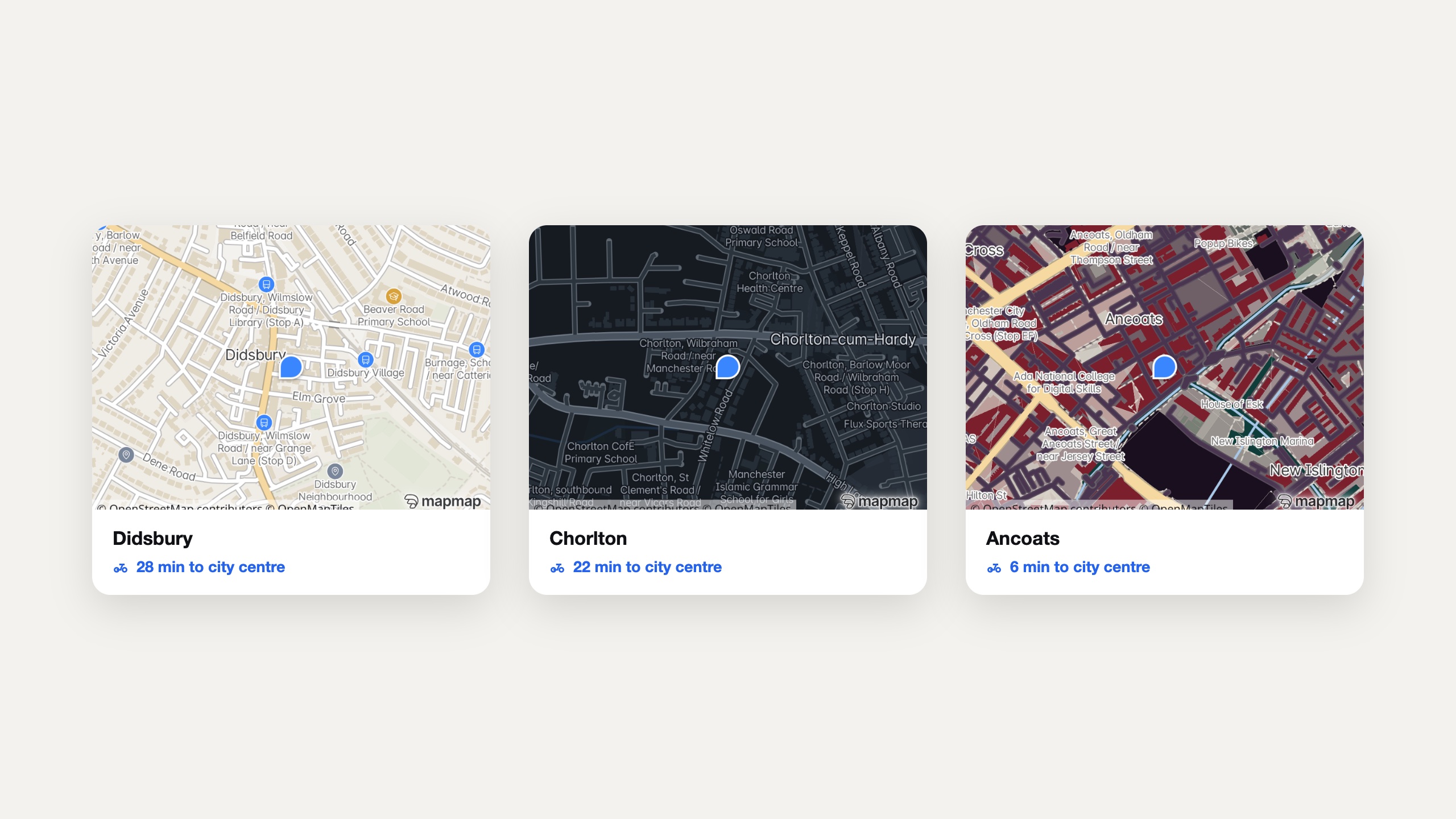 Three listing cards for Didsbury, Chorlton and Ancoats, each with a real MapMap static map thumbnail and a genuine cycling time to the city centre