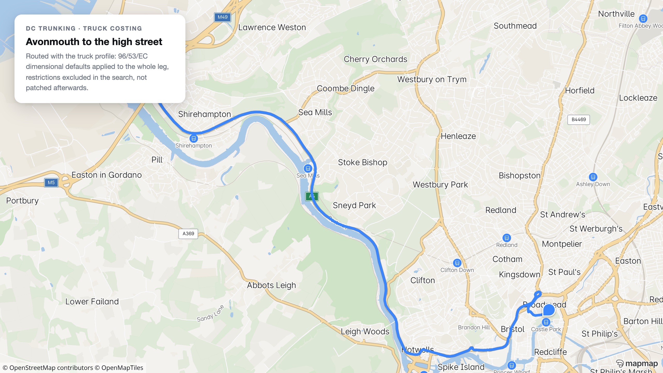A real truck-costed route from Avonmouth docks to central Bristol with a card noting the dimensional defaults applied