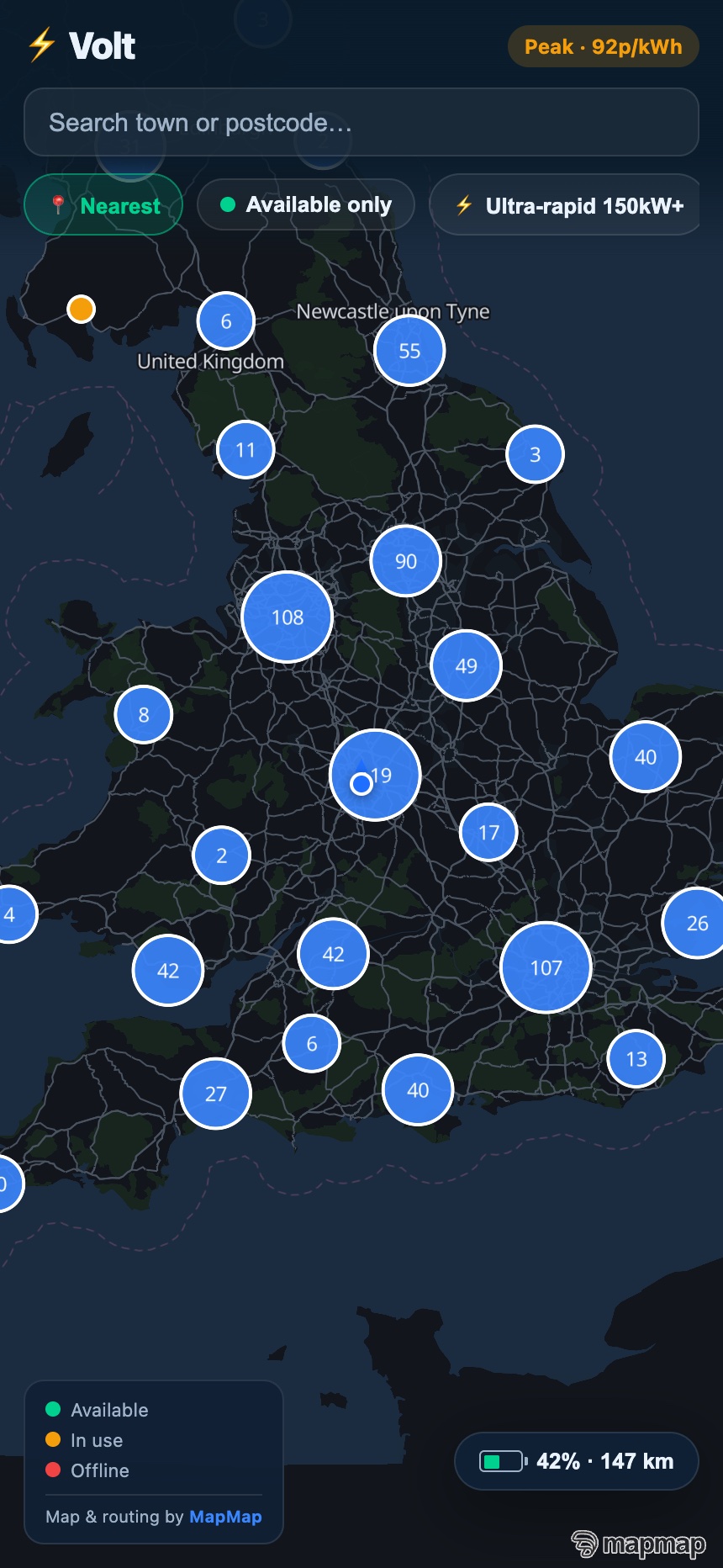 A dark-themed EV charging locator app clustering 909 real UK sites with count badges, search and filter chips, built on MapMap