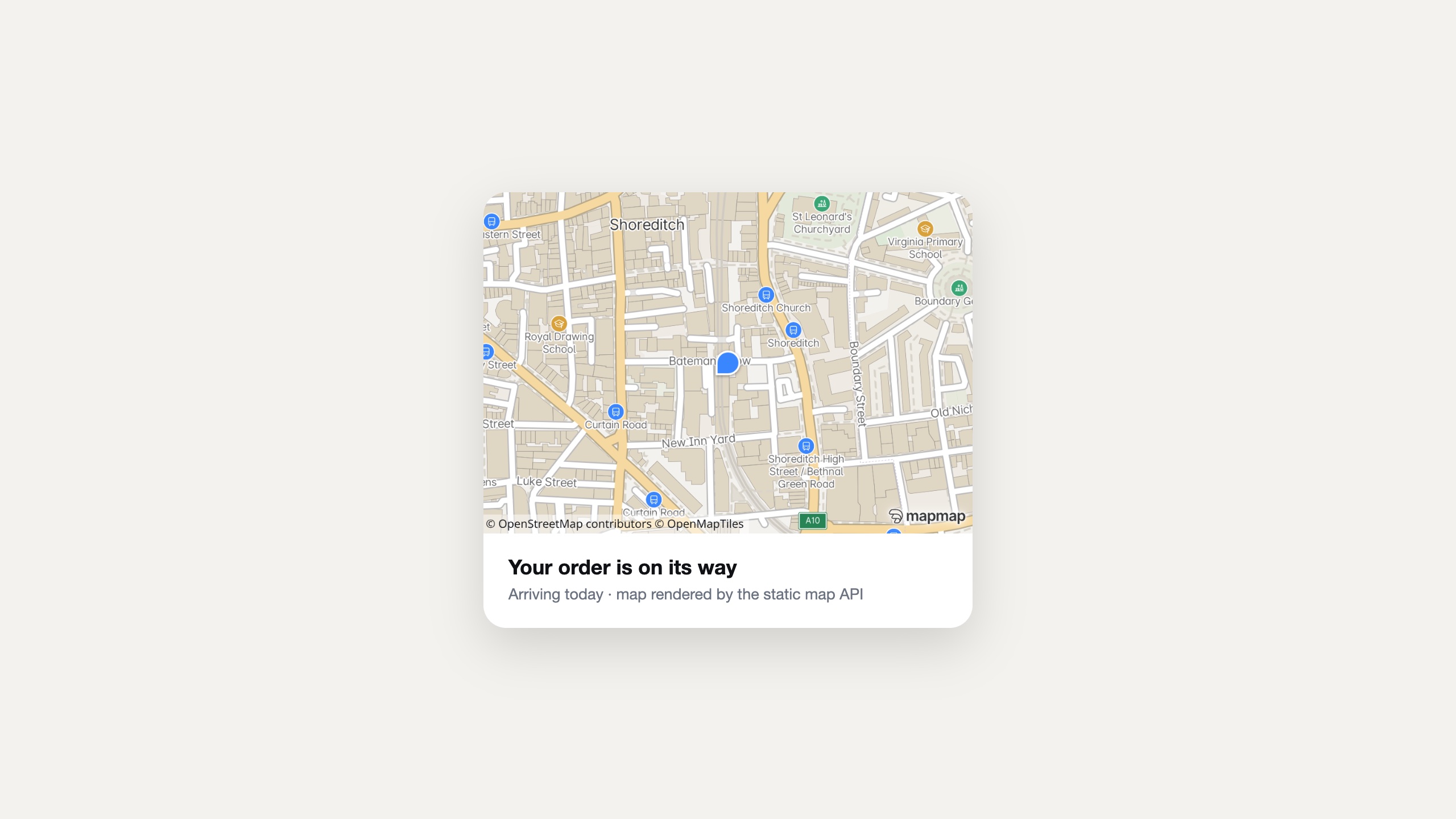 An order-confirmation card with a real static-map render of the delivery address in Shoreditch