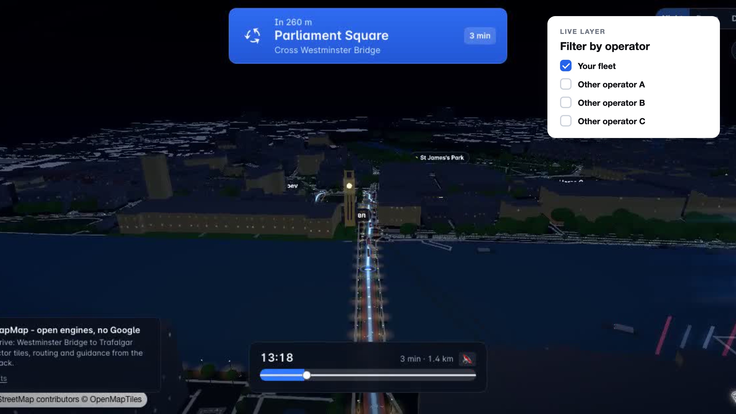 The live London night map with an operator filter panel: your fleet ticked, other operators unticked