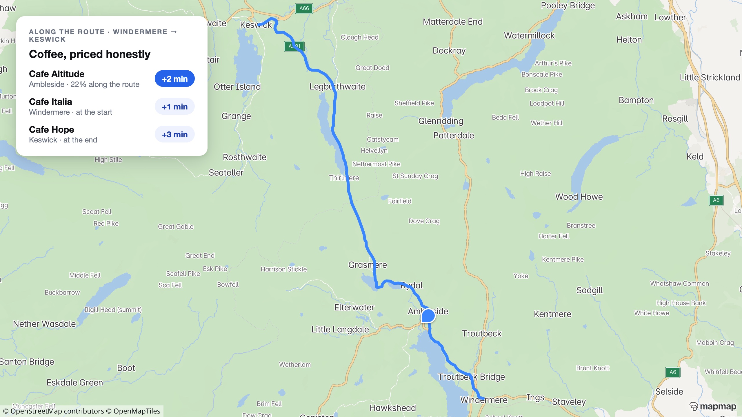A real MapMap route from Windermere to Keswick through the Lake District, with a card listing three cafes and their genuine detour costs of one to three minutes